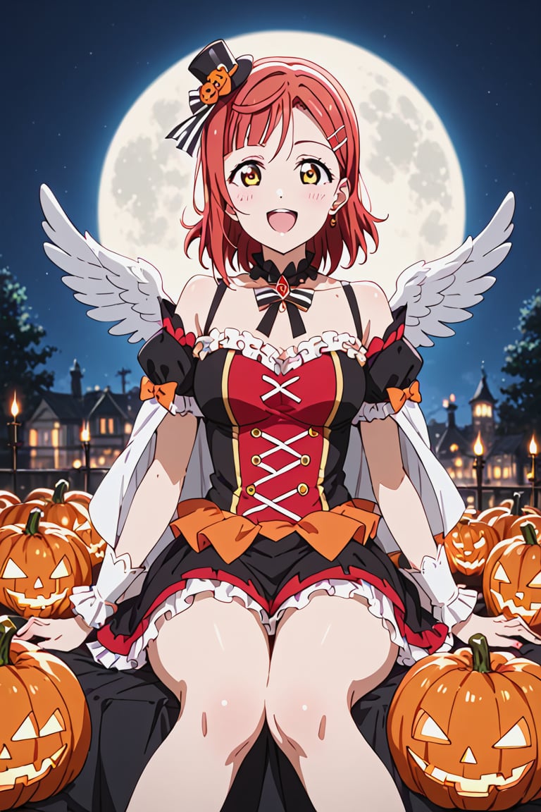 score_9, score_8_up, score_7_up A lone figure, Ayumu Uehara's striking red hair illuminated by the eerie glow of jack-o-lanterns, sits amidst a darkened room bathed in an otherworldly light. The full moon casts an argent sheen on her medium-length locks, parted bangs framing her excited face. Sexy cosplay and glittering ultra-detailed jewels with a small cross gleam under the flickering candlelight. As she indulges in a marathon gaming session, oblivious to the apocalyptic chaos surrounding her, bloodthirsty zombies swarm the periphery, their cadaverous forms bathed in a crimson rain that seems to come from nowhere. The one-winged eagle emblem on his coat glows with an eerie intensity, as if sensing the approaching doom. Anime-style masterpieces get more detailed than this 8K artwork, where colors and anatomy converge to create a work of Halloween beauty, perfect for Love Live fans and enthusiasts, 1girl,ayumu uehara