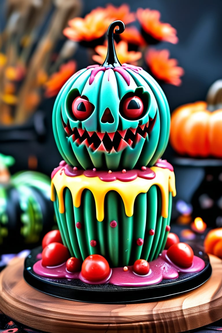 Masterpice, highest quality, perfect colors, extremely detailed, beautiful art, dark art, gothic style, The creepy Halloween dessert features a lone bloody cactus creature standing tall with a creepy smile on its face, foaming at human remains. Around the cake, so many bloody eyeballs search the dark unconscious speechless.,hall0ween,h4l0w3n5l0w5tyl3DonML1gh7,h4l0w3n5l0w5tyl3M3rg34ll,dal,Cartoon,Halloween_Figure,Halloween anime style,halloween,halloween themed 