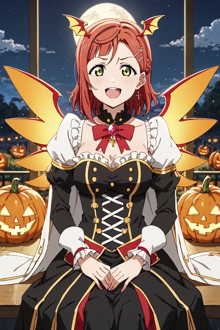 score_9, score_8_up, score_7_up A lone figure, Ayumu Uehara's striking red hair illuminated by the eerie glow of jack-o-lanterns, sits amidst a darkened room bathed in an otherworldly light. The full moon casts an argent sheen on her medium-length locks, parted bangs framing her excited face. Sexy cosplay and glittering ultra-detailed jewels with a small cross gleam under the flickering candlelight. As she indulges in a marathon gaming session, oblivious to the apocalyptic chaos surrounding her, bloodthirsty zombies swarm the periphery, their cadaverous forms bathed in a crimson rain that seems to come from nowhere. The one-winged eagle emblem on his coat glows with an eerie intensity, as if sensing the approaching doom. Anime-style masterpieces get more detailed than this 8K artwork, where colors and anatomy converge to create a work of Halloween beauty, perfect for Love Live fans and enthusiasts, 1girl,ayumu uehara