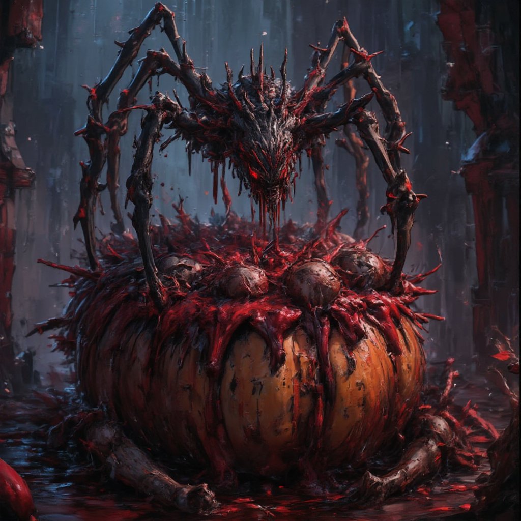 Masterpice, highest quality, perfect colors, extremely detailed, beautiful art, dark art, gothic style, The creepy Halloween dessert features a lone bloody spider creature standing tall with a creepy smile on its face, foaming at human remains. Around the pumpkin cake, so many bloody eyeballs and bones search the dark unconscious speechless.,hall0ween,h4l0w3n5l0w5tyl3DonML1gh7,h4l0w3n5l0w5tyl3M3rg34ll,dal,Cartoon,Halloween_Figure,Halloween anime style,halloween,halloween themed,Junji Ito,Glitch Art Effect,Halloween2024