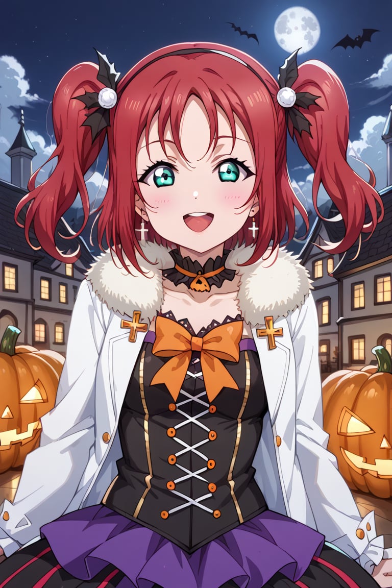 A lone figure, Ruby Kurosawa's striking red hair illuminated by the eerie glow of jack-o-lanterns, sits amidst a darkened room bathed in an otherworldly light. The full moon casts an argent sheen on her medium-length locks, parted bangs framing her excited face. Sexy cosplay and glittering ultra-detailed jewels with a small cross gleam under the flickering candlelight. As she indulges in a marathon gaming session, oblivious to the apocalyptic chaos surrounding her, bloodthirsty zombies swarm the periphery, their cadaverous forms bathed in a crimson rain that seems to come from nowhere. The one-winged eagle emblem on his coat glows with an eerie intensity, as if sensing the approaching doom. Anime-style masterpieces don't get more detailed than this 8K artwork, where colors and anatomy converge to create a work of Halloween beauty, perfect for Love Live fans and enthusiasts alike.,score_9,score_8_up,score_7_up,halloween style, 1girl, ruby kurosawa,shiny