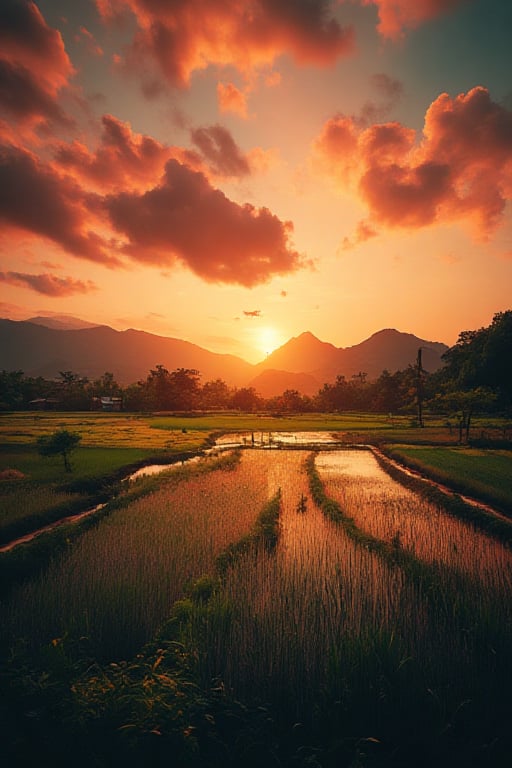 dramatic bird's eye shot of malaysian paddy field +sunset view+ drone in the sky + people are planting paddy + 35mm film