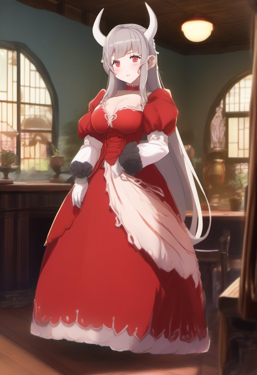 score_9, score_8_up, score_7_up, source_anime, solo, 1girl, gbfalicia, smile, looking at viewer, standing, hand on own chest, grey hair, pointy ears, horns, red dress, underboob cutout, center opening, puffy sleeves, white gloves, cross earrings, indoors, desnuda