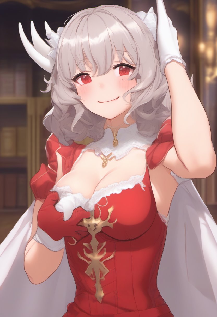 score_9, score_8_up, score_7_up, source_anime, solo, 1girl, gbfalicia, smile, looking at viewer, standing, hand on own chest, grey hair, pointy ears, horns, red dress, underboob cutout, center opening, puffy sleeves, white gloves, cross earrings, indoors 