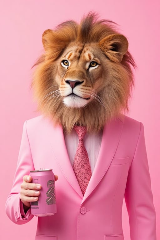 A beautiful lioness in a pink suit with a tie, fashion portrait photography in the style of Gucci, pastel background, soft light, low contrast, low saturation, surreal animal, and holding a pink can drink concept art.


