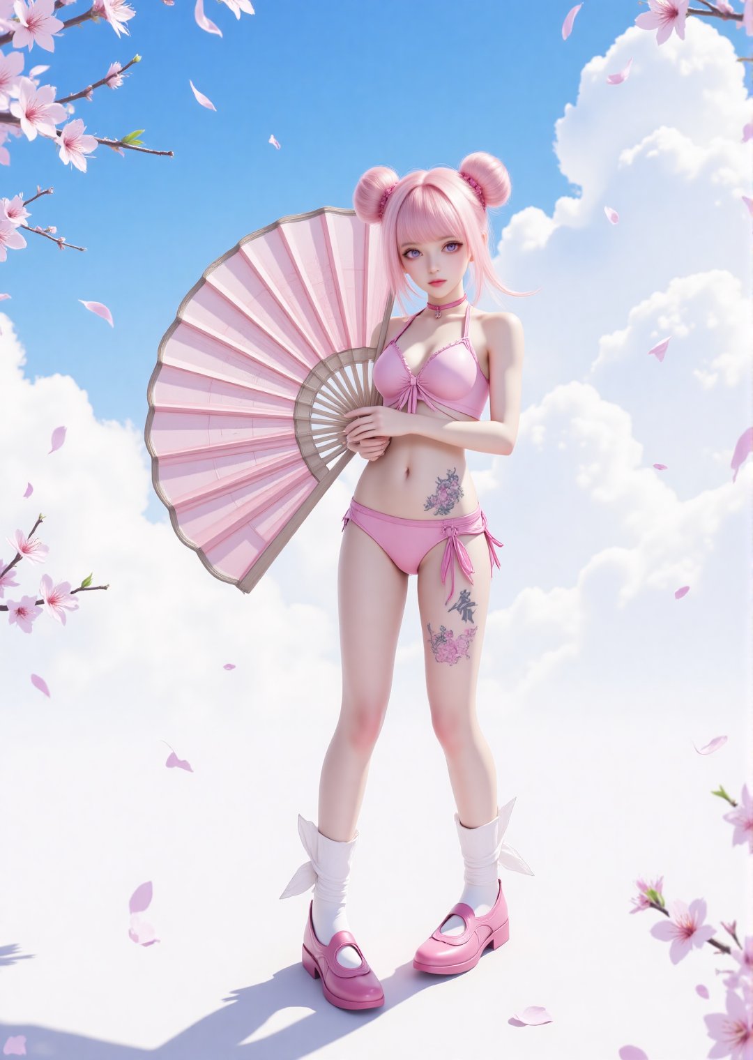 2.5D ,
1 girl, alone, looking at the audience, bangs, standing, full body, pink hair, forehead print, flower, outdoor sky, socks, clouds, pink eyes, hair bun, blue sky, petals, double bun, shadow, cherry blossom, bikini, slave's charm tattoo, tattoo on the lower abdomen, pink shoes, hands inserted into the waist, with a huge folding fan at the back, folding fan centered