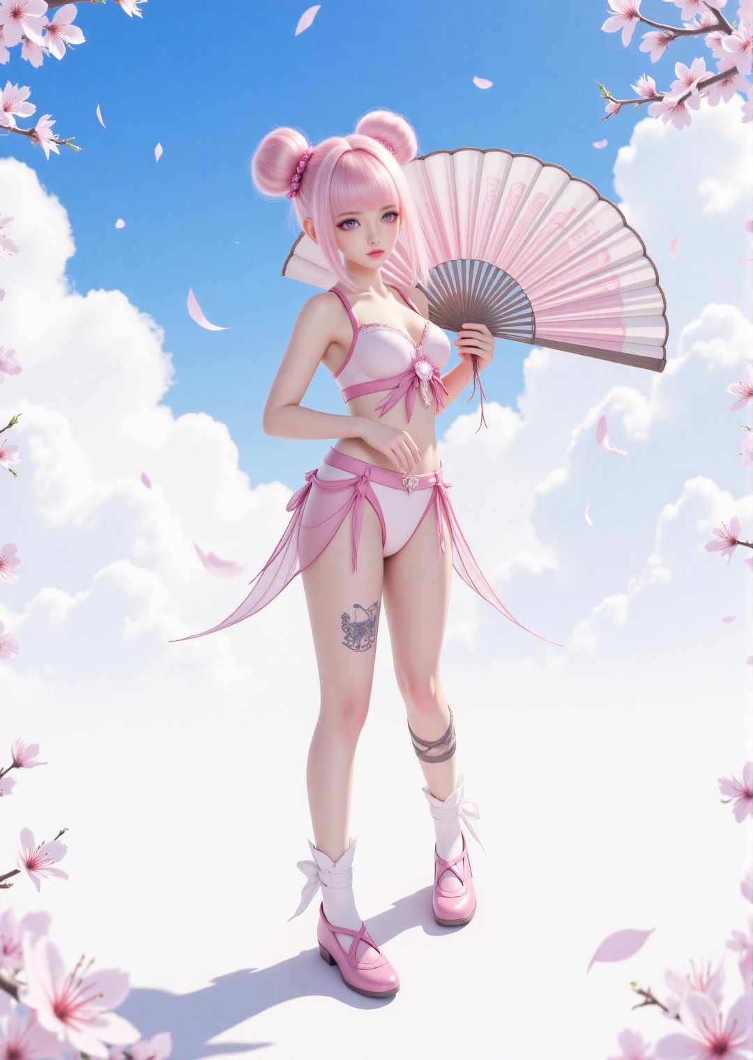 2.5D ,
1 girl, alone, looking at the audience, bangs, standing, full body, pink hair, forehead print, flower, outdoor sky, socks, clouds, pink eyes, hair bun, blue sky, petals, double bun, shadow, cherry blossom, bikini, slave's charm tattoo, tattoo on the lower abdomen, pink shoes, hands inserted into the waist, with a huge folding fan at the back, folding fan centered