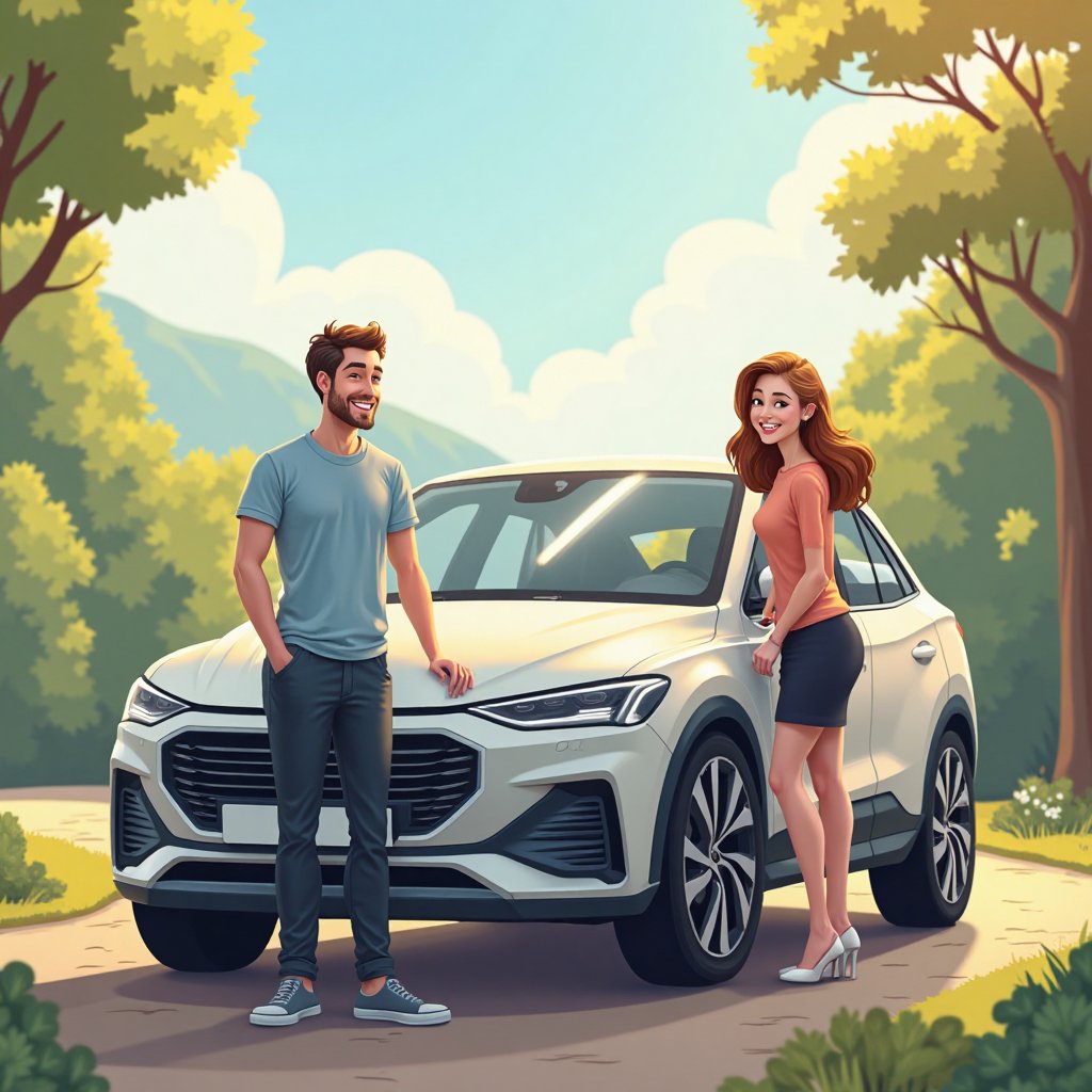 Modern car, man and young woman, European appearance, standing next to the car on both sides, both smiling happily, surrounded by beautiful scenery, charming sunlight, cartoon style

