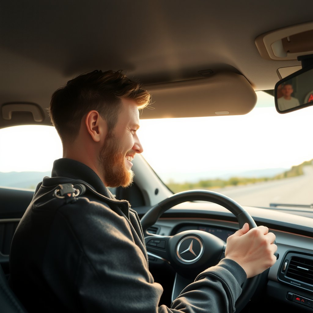 young man smiling while driving a car, side view, there is a road ahead with beautiful scenery along the road