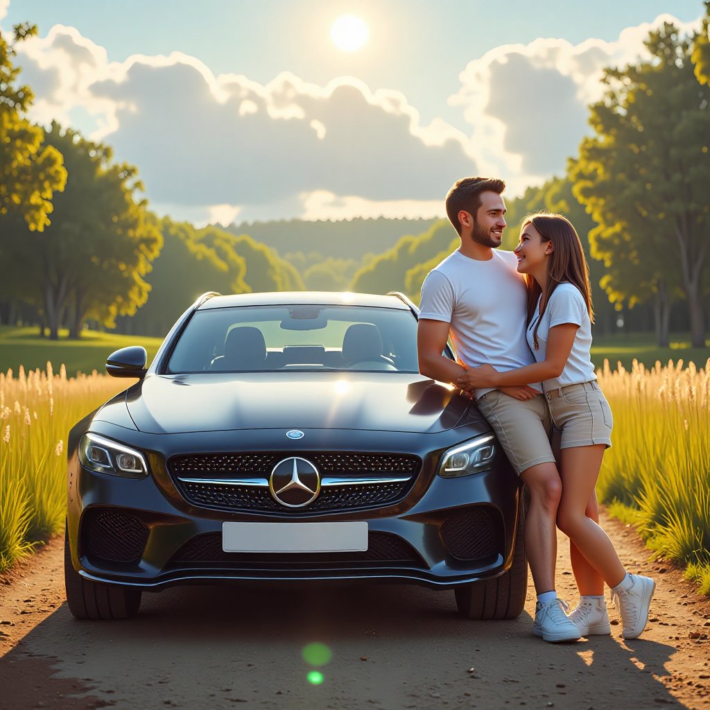 Modern car, man and young woman, European appearance, standing next to the car on both sides, hugging the car, both smiling happily, surrounded by a beautiful landscape, charming sunlight, in the style of Soyuzmultfilm

