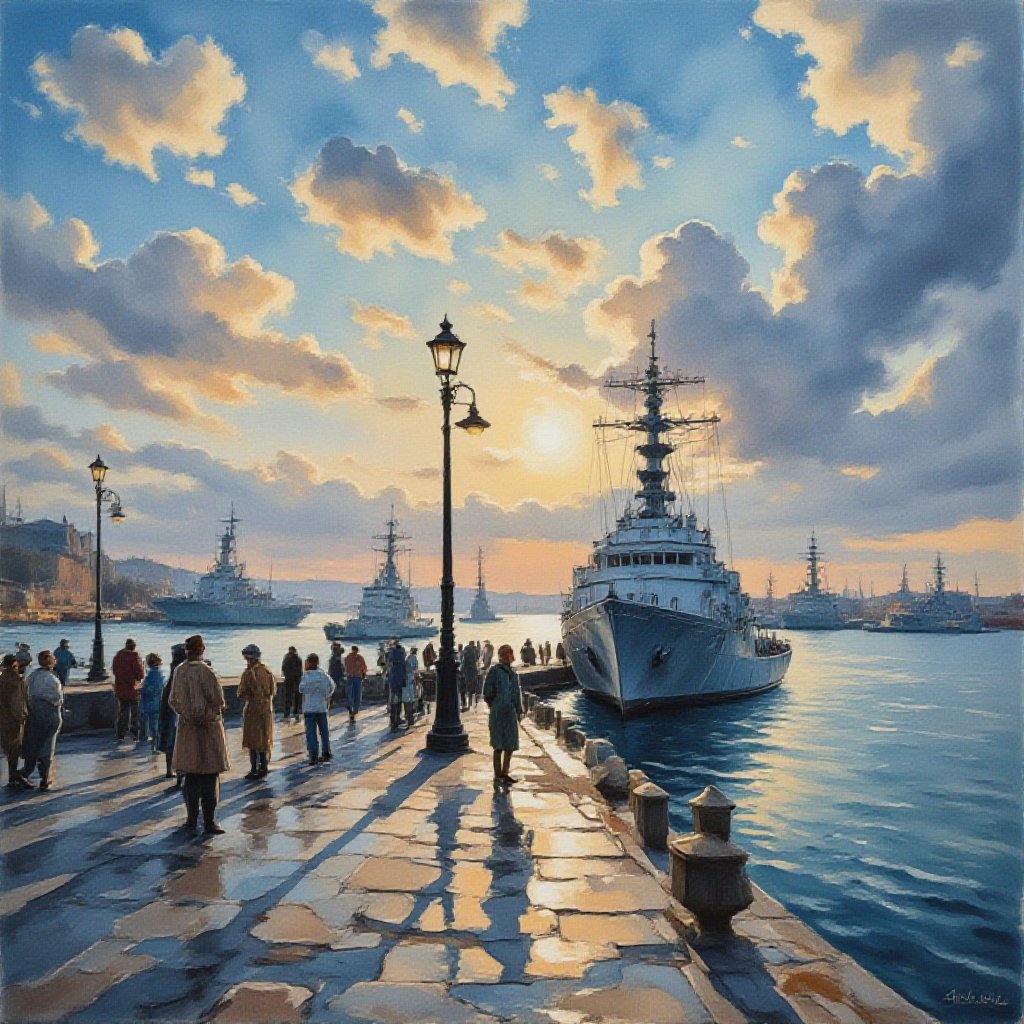 imagine a vibrant, early morning artistic rendering of the Kerch military port by Ivan Aivazovsky, focusing on the juxtaposition of military might and daily life. Docked ships and civilians on the quay are highlighted, with an old street lamp providing a historical touch. The style is Impressionistic, inspired by Claude Monet, using broad, loose brushstrokes to capture the essence of the scene, the soft light and shadows of dawn, and the moody atmosphere. Watercolors are chosen to emphasize the fluidity of the water and the sky's texture. --ar 16:9 --v 6.0