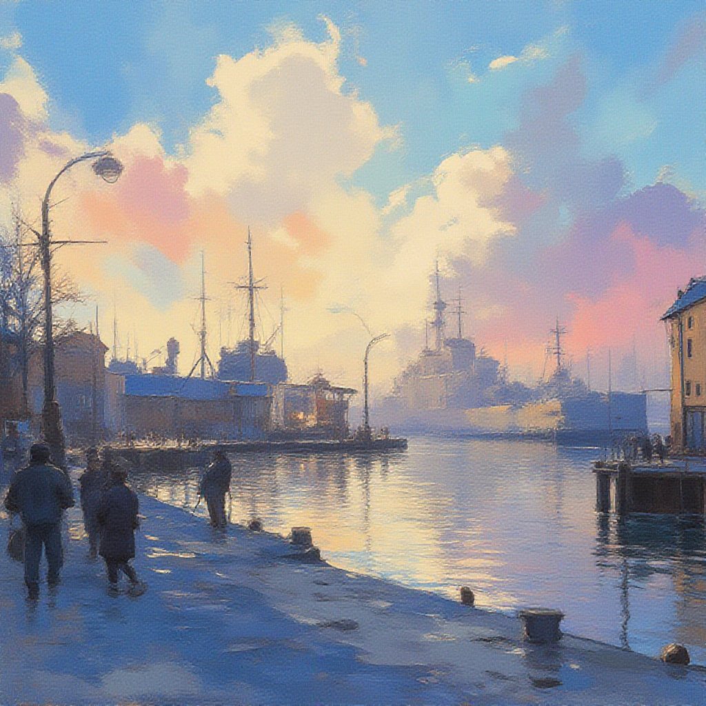 imagine a vibrant, early morning artistic rendering of the Kerch military port by Ivan Aivazovsky, focusing on the juxtaposition of military might and daily life. Docked ships and civilians on the quay are highlighted, with an old street lamp providing a historical touch. The style is Impressionistic, inspired by Claude Monet, using broad, loose brushstrokes to capture the essence of the scene, the soft light and shadows of dawn, and the moody atmosphere. Watercolors are chosen to emphasize the fluidity of the water and the sky's texture. --ar 16:9 --v 6.0