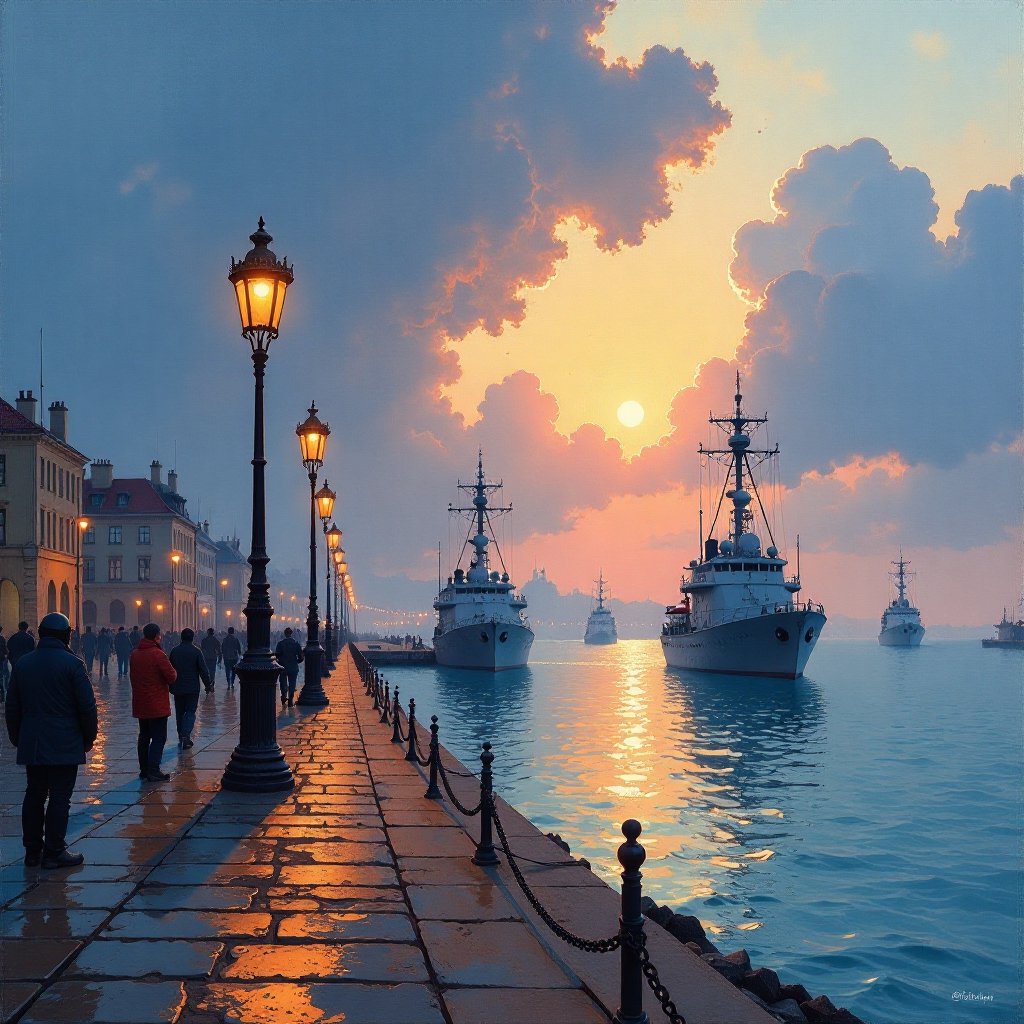 imagine a vibrant, early morning artistic rendering of the Kerch military port by Ivan Aivazovsky, focusing on the juxtaposition of military might and daily life. Docked ships and civilians on the quay are highlighted, with an old street lamp providing a historical touch. The style is Impressionistic, inspired by Claude Monet, using broad, loose brushstrokes to capture the essence of the scene, the soft light and shadows of dawn, and the moody atmosphere. Watercolors are chosen to emphasize the fluidity of the water and the sky's texture. --ar 16:9 --v 6.0