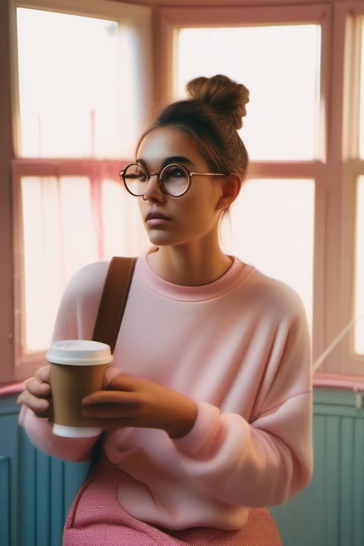 A young female student with fair skin, wearing round glasses and a casual, messy bun, rolls her eyes dramatically while holding a steaming coffee mug. She stands in a minimalist, pastel-toned room with soft, natural light filtering through a window. The scene is framed with subtle film grain and a warm, muted color grade, evoking the visual style of Wes Anderson. The lighting is soft and diffused, casting gentle shadows and highlighting the pinks and blues in the room. Her expression is a mix of exasperation and amusement, as if she's jokingly dismissing an impending deadline.