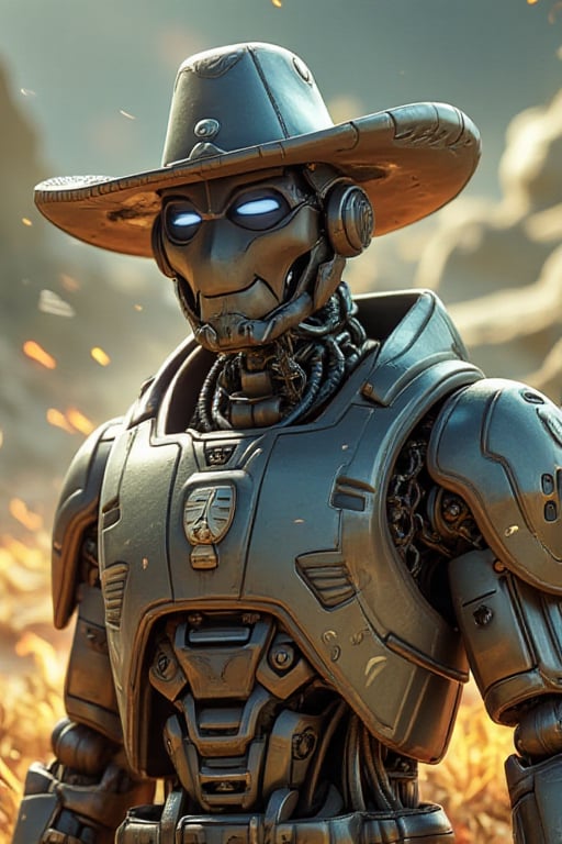 new mech in a futuristic style and wearinf and metal shining hat in his heat like an cowboy style but its an metal one 
