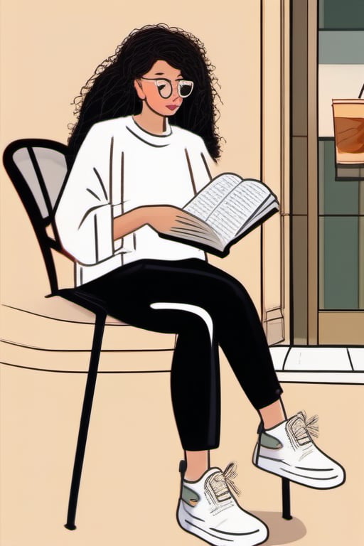 girl sitting on a chair in a coffee shop. reads a book. There is a glass of water on the table. curly hair. dressed in a light coat. sneakers and black pants.  cartoon style