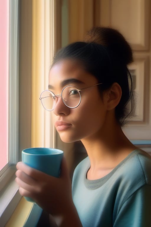 A young female student with fair skin, wearing round glasses and a casual, messy bun, rolls her eyes dramatically while holding a steaming coffee mug. She stands in a minimalist, pastel-toned room with soft, natural light filtering through a window. The scene is framed with subtle film grain and a warm, muted color grade, evoking the visual style of Wes Anderson. The lighting is soft and diffused, casting gentle shadows and highlighting the pinks and blues in the room. Her expression is a mix of exasperation and amusement, as if she's jokingly dismissing an impending deadline.  стиль аниме