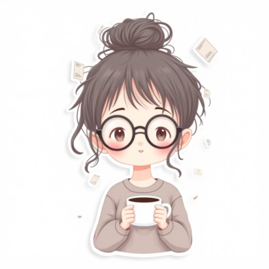 A minimalist illustration of a cute female student character, messy hair bun, round glasses, holding coffee cup, kawaii style, simple line art, pastel colors, white background, soft pink and blue palette, floating paper sheets around, calm facial expression, digital art, sticker design, clean edges --aspect 1:1 --style raw"