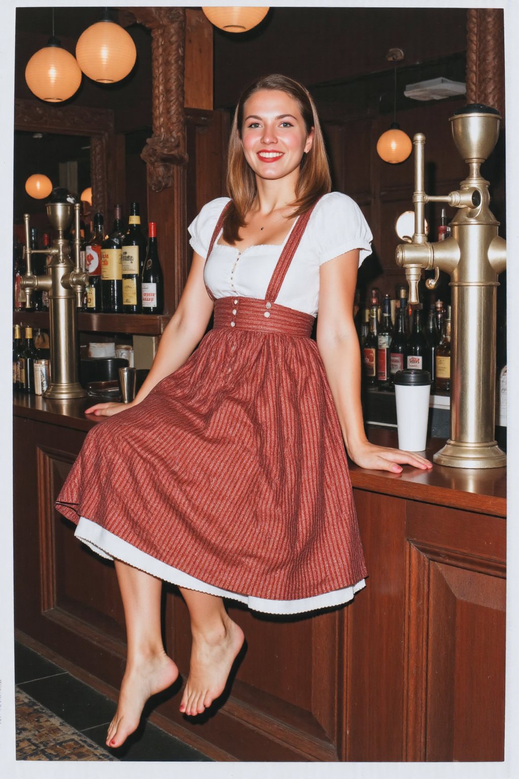 (polaroid photo:1.2) beautiful 25 year old medieval german woman, smile, dirndl, barefoot. sitting  on the counter of the pub. masterpiece artwork, dynamic composition