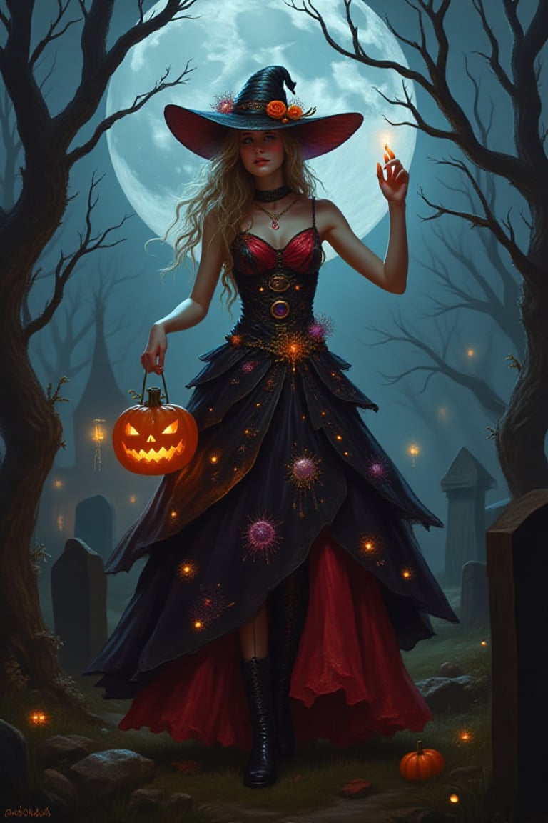 A Pixomeda-style digital painting of a woman in a vibrant Halloween dress, standing in a spooky, foggy graveyard at night. The dress features intricate patterns and glowing elements, with the woman holding a lit pumpkin lantern. The scene is illuminated by moonlight, casting eerie shadows. The composition is dynamic, with the woman's pose exuding confidence and mystery.,Pixomeda style