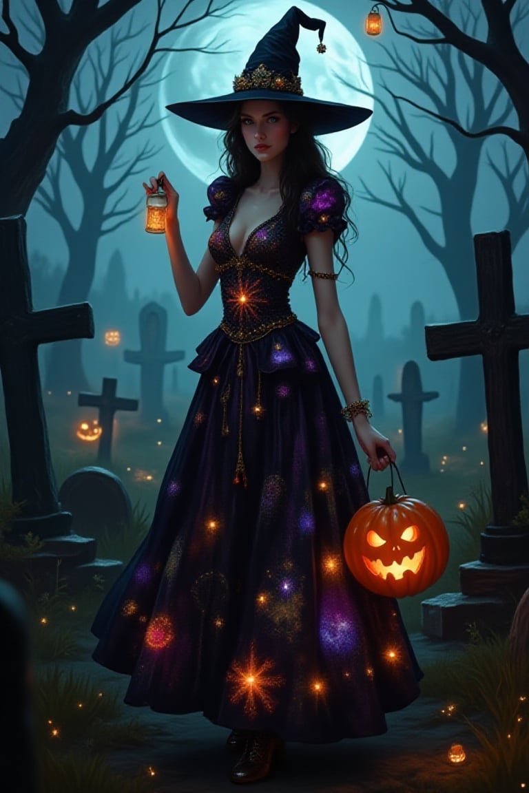 A Pixomeda-style digital painting of a woman in a vibrant Halloween dress, standing in a spooky, foggy graveyard at night. The dress features intricate patterns and glowing elements, with the woman holding a lit pumpkin lantern. The scene is illuminated by moonlight, casting eerie shadows. The composition is dynamic, with the woman's pose exuding confidence and mystery.,Pixomeda style