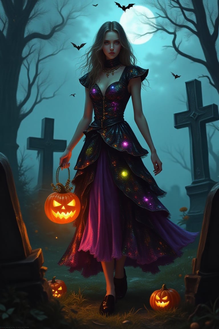 A Pixomeda-style digital painting of a woman in a vibrant Halloween dress, standing in a spooky, foggy graveyard at night. The dress features intricate patterns and glowing elements, with the woman holding a lit pumpkin lantern. The scene is illuminated by moonlight, casting eerie shadows. The composition is dynamic, with the woman's pose exuding confidence and mystery.,Pixomeda style