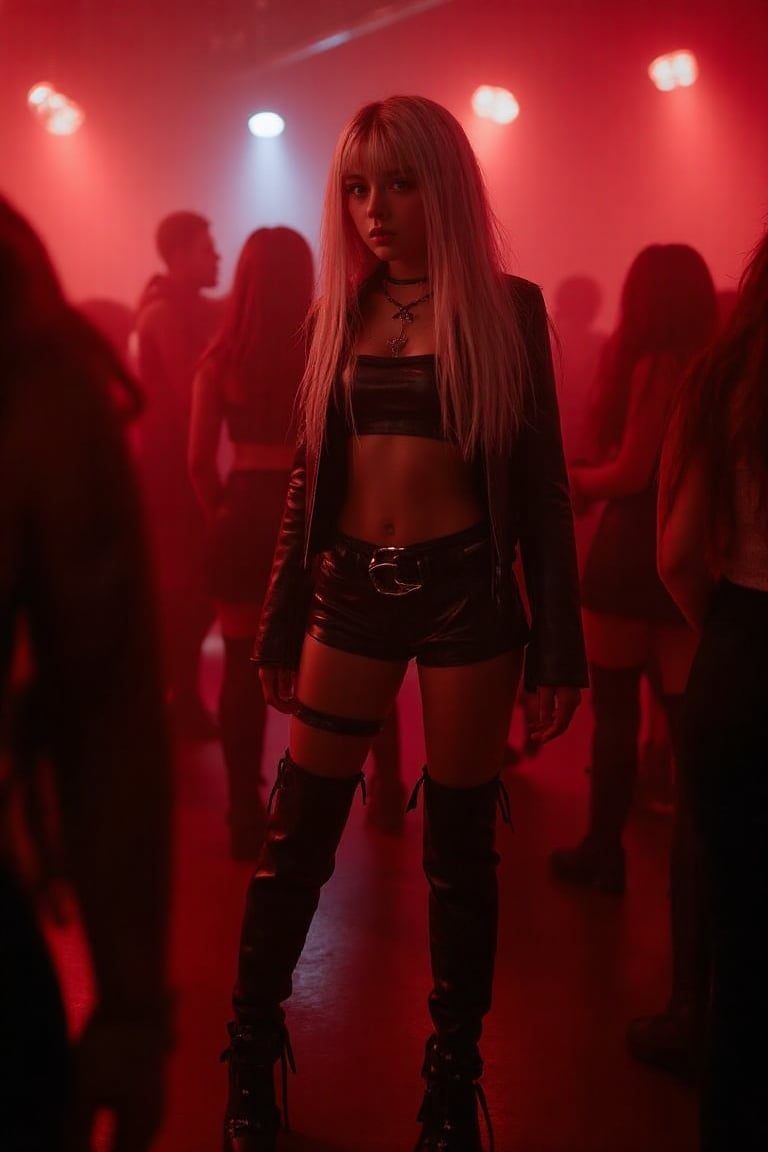 A goth blonde teengirl 16yo in heavy makeup dancing wildly in a club full of people,  dimly lit with fog and red neon ligh...