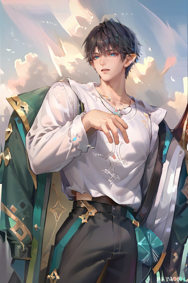 SCORE_9, SCORE_8_UP, SCORE_7_UP, SCORE_6_UP
Masterpiece, best quality, high quality,
1 Male, half-elf, 171CM tall, thin, black hair center part side part, sky blue eyes, white short-sleeved shirt, black trousers, silver necklace

Reaching up to try to grab something