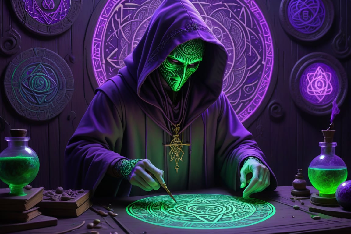 rentgen masked and Hooded Occultic alchemist in hes lab making acid, runic, meditative, alex gray high detail 4k fluorescent green, rentgen, sacred geometry , purple violet occultic sigils