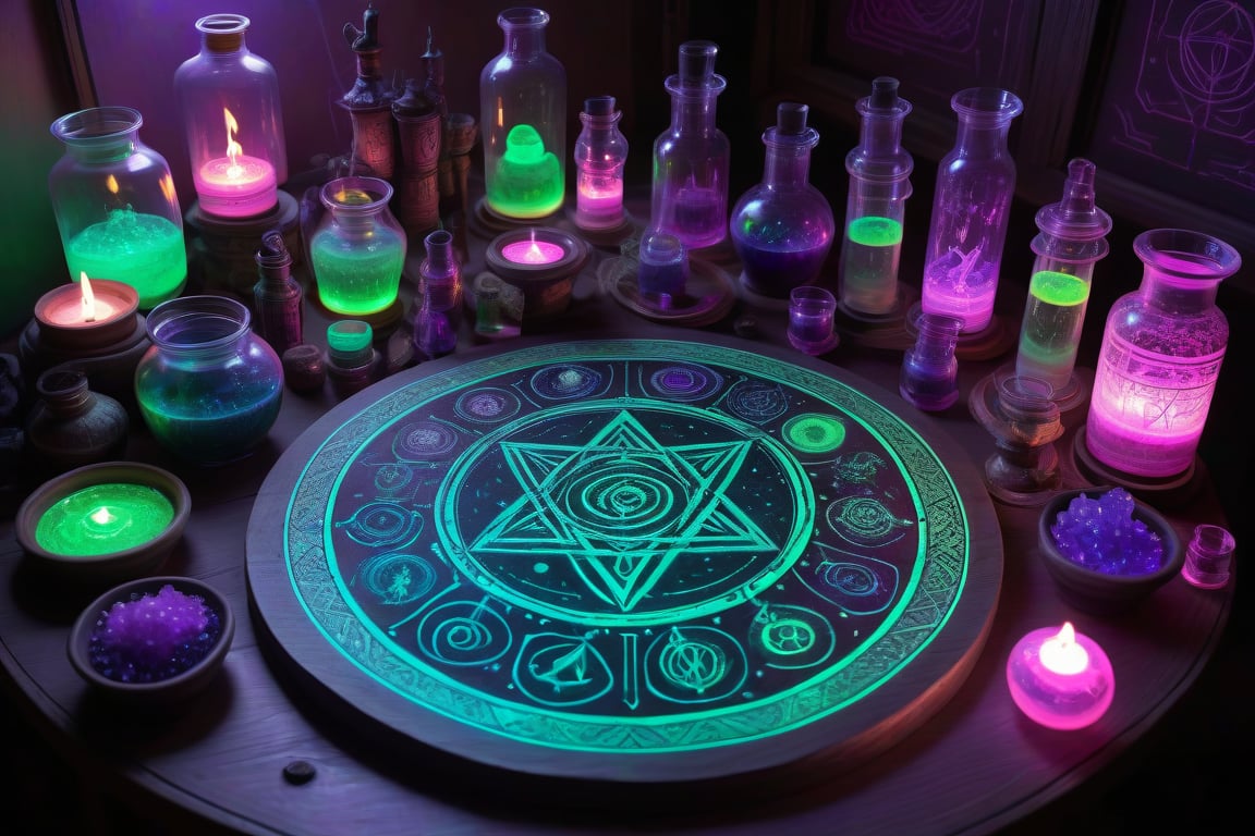 rentgen Occultic alchemist table full of glowing mixtures,potions,  runic, meditative, alex gray high detail 4k fluorescent green, rentgen, sacred geometry , occultic sigils, pink ultraviolet  bulbs,