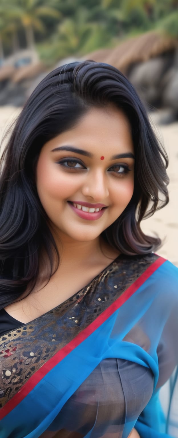 a beautiful Indian real picture with plus size a gorgeous real indian woman with plus size, ultra high resolution pictures, Best quality, 8k, realistic light, 
a indian 26 years girl, smile, 
In the image, the woman stands confidently,
long black hair, beautiful Indian woman in blue saree cloth wear
plus size figures with red Black sari on the beach