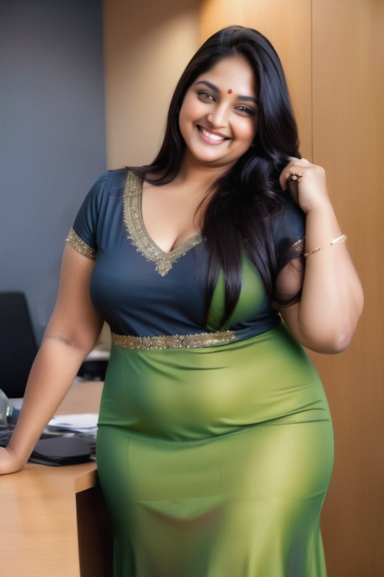 real picture indian woman with plus body size, in the office meeting realistic photo,
long black silky hair 
smile face
, 8k photo, high resolution 
yellow green dress 
photos, sexy indian woman 
Full body pictures perfect size 
plus size cup size