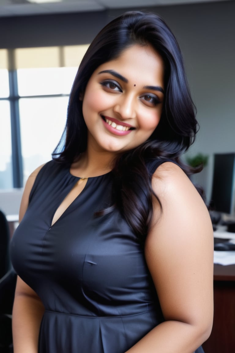 real picture indian woman with plus body size, in the office meeting realistic photo,
long black silky hair 
smile face
, 8k photo, high resolution 
black dress 
photos, sexy indian woman 
Full body pictures perfect size 
plus size cup size