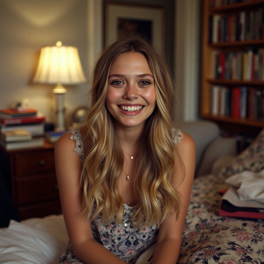 A 1990s-inspired snapshot vintage style photo wish flash of a Elizabeth Olsen beaming with a warm, inviting smile directly at the camera. She sits comfortably on her dorm room bed, surrounded by cluttered textbooks and scattered clothes. The soft glow of a table lamp casts a cozy ambiance, illuminating her joyful expression. Her bright eyes sparkle as she connects with the viewer, conveying a sense of authenticity and playfulness.