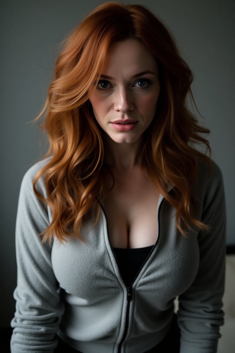 A contemplative christina hendricks takes center stage. Her fleece zip top under soft lighting, her loose waves framing her face as she gazes down, eyes locked on the viewer. large Chest, shoulders, and face are in frame, drawing looking at viewer against a blurred gray background. Black leggings 