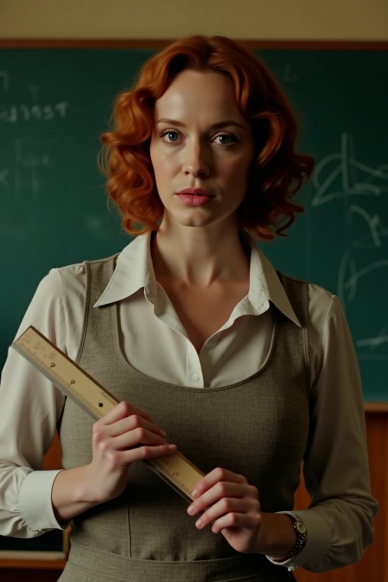 Christina Hendricks as a teacher, standing in front of a blackboard, natural lighting, looking directly at the viewer, holding a long ruler in both hands, detailed classroom setting, soft focus on her face, mid-shot framing, warm tones, expressive eyes, confident pose.