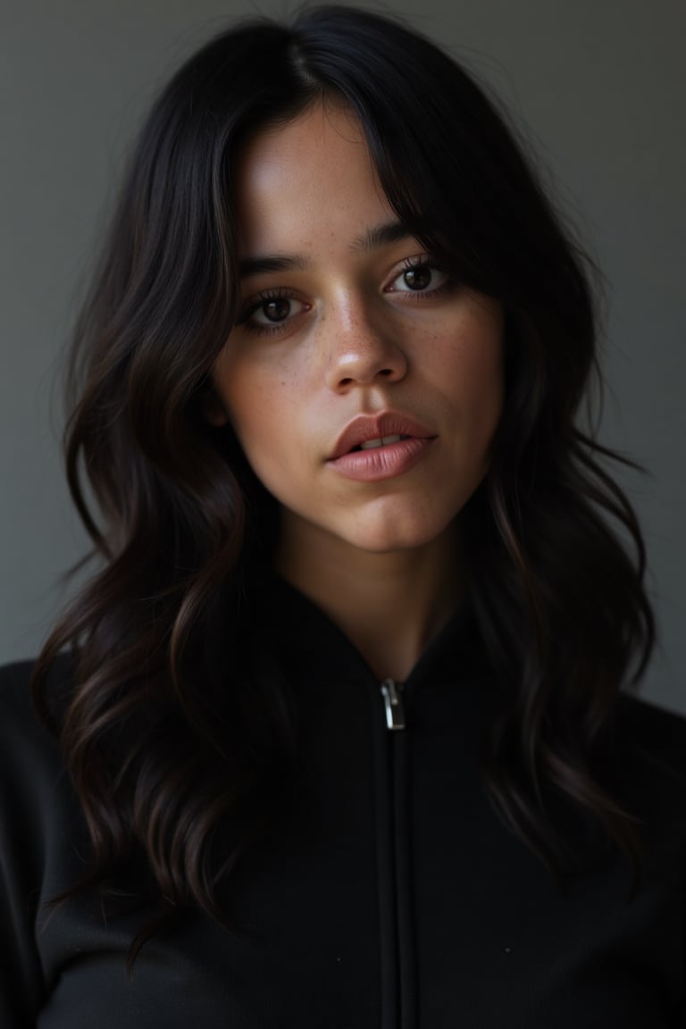 A contemplative Jenna Ortega takes center stage in a close-up shot. Her sleek black fleece top glistens under soft lighting, her loose waves framing her face as she gazes down, eyes locked on the viewer. Chest, shoulders, and face are in frame, drawing looking at viewer against a blurred gray background.