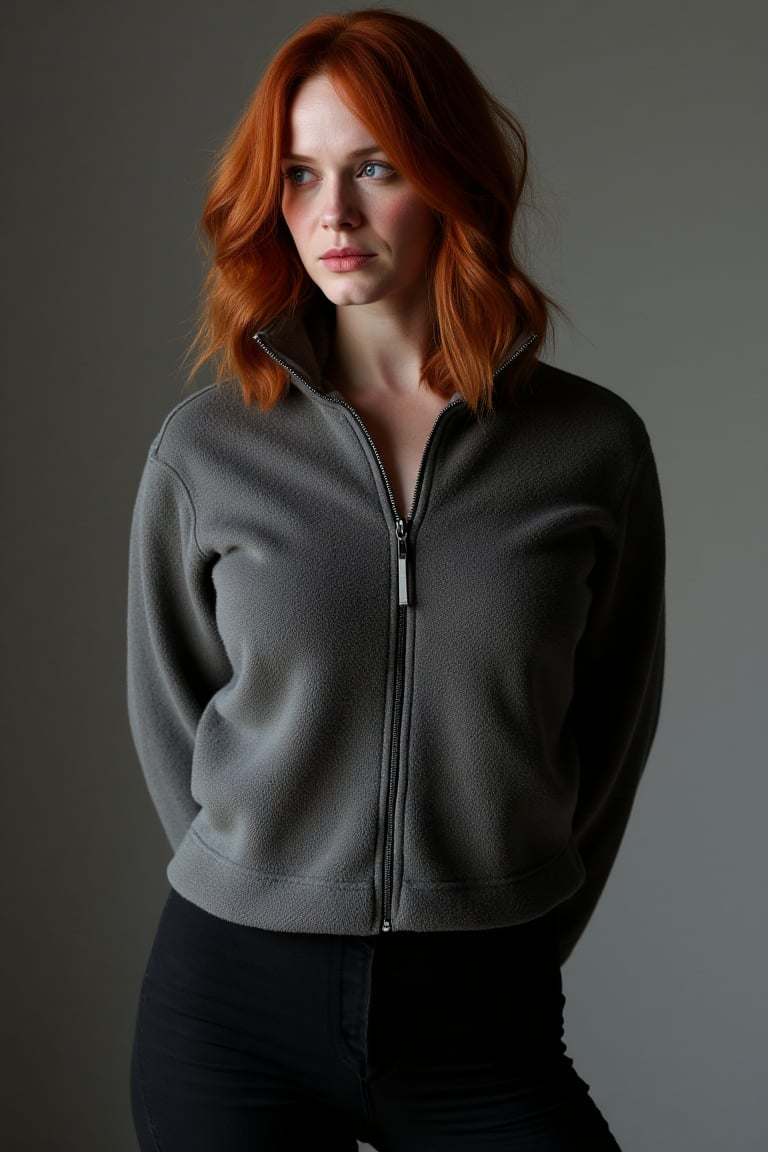 A contemplative christina hendricks takes center stage in a full body shot. Her fleece zip top under soft lighting, her loose waves framing her face as she gazes down, eyes locked on the viewer. large Chest, shoulders, and face are in frame, drawing looking at viewer against a blurred gray background. Black leggings 