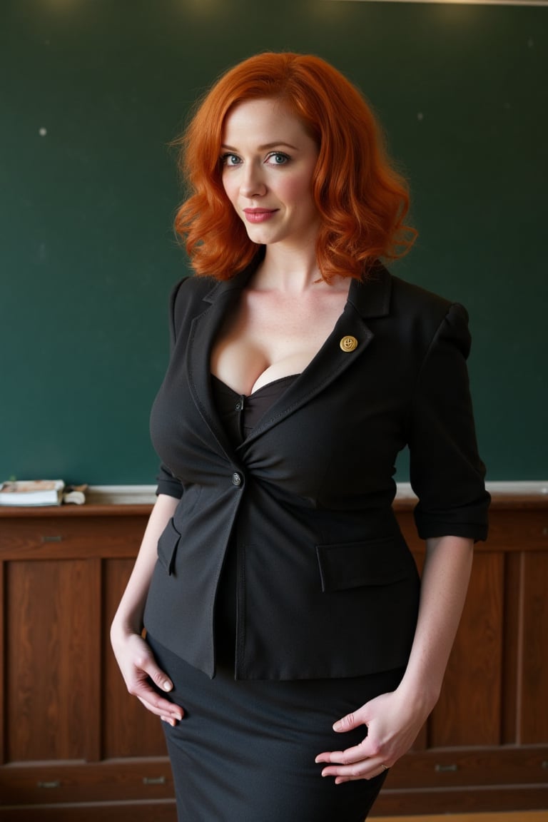 Christina Hendricks as a teacher, standing in front of a blackboard, natural lighting, looking directly at the viewer, detailed classroom setting, confident pose, sexy, cleevage, curvey body