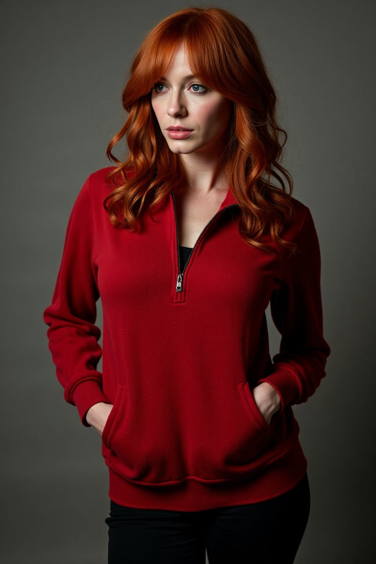 A contemplative christina hendricks takes center stage in a full body shot. Her red fleece zip top under soft lighting, her loose waves framing her face as she gazes down, eyes locked on the viewer. large Chest, shoulders, and face are in frame, drawing looking at viewer against a blurred gray background. Black leggings 