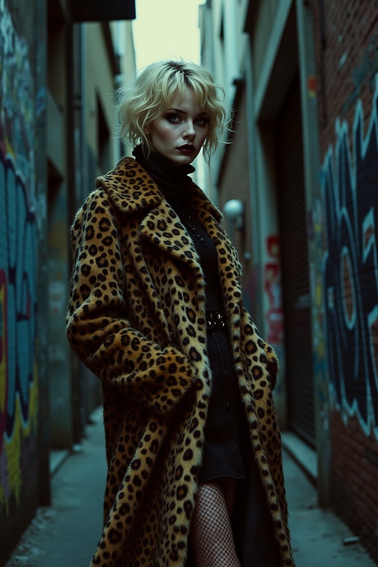 A full-body shot of a gothic woman with short, frizzly blonde hair, heavily mascaraed eyes, wearing a leopard print fur coat and fishnet stockings. She stands in an urban alleyway with graffiti-covered walls. The lighting is moody and dim, casting dramatic shadows. The composition frames her against the vibrant graffiti, highlighting her intense gaze and bold fashion choices.