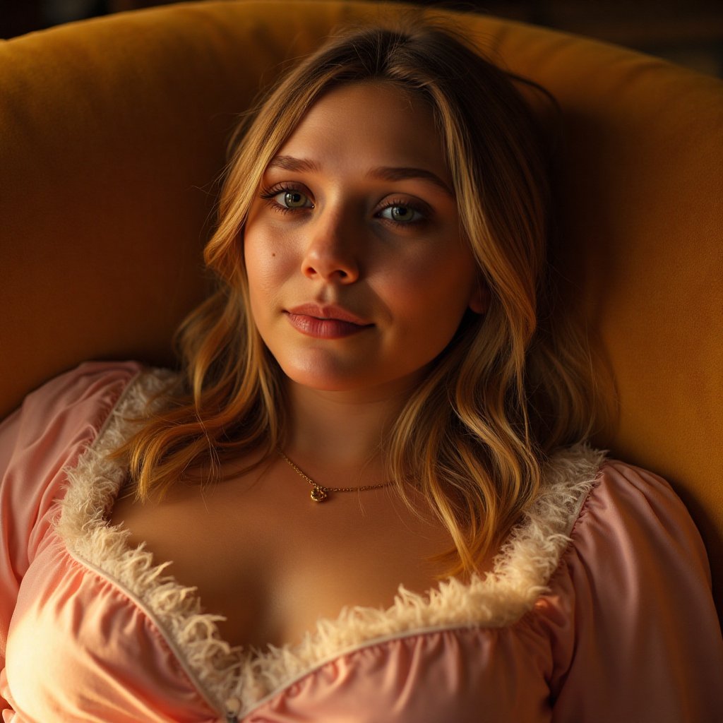 A warm glow illuminates Elizabeth Olsen's radiant face as she reclines on a plush velvet couch, wearing a soft pink nightgown adorned with delicate fluffy white trim. The camera frames her from above, capturing the gentle curves of her smile and the subtle vulnerability in her eyes. The golden lighting casts a flattering sheen on her skin, while the muted tones of the surroundings allow her beauty to take center stage.