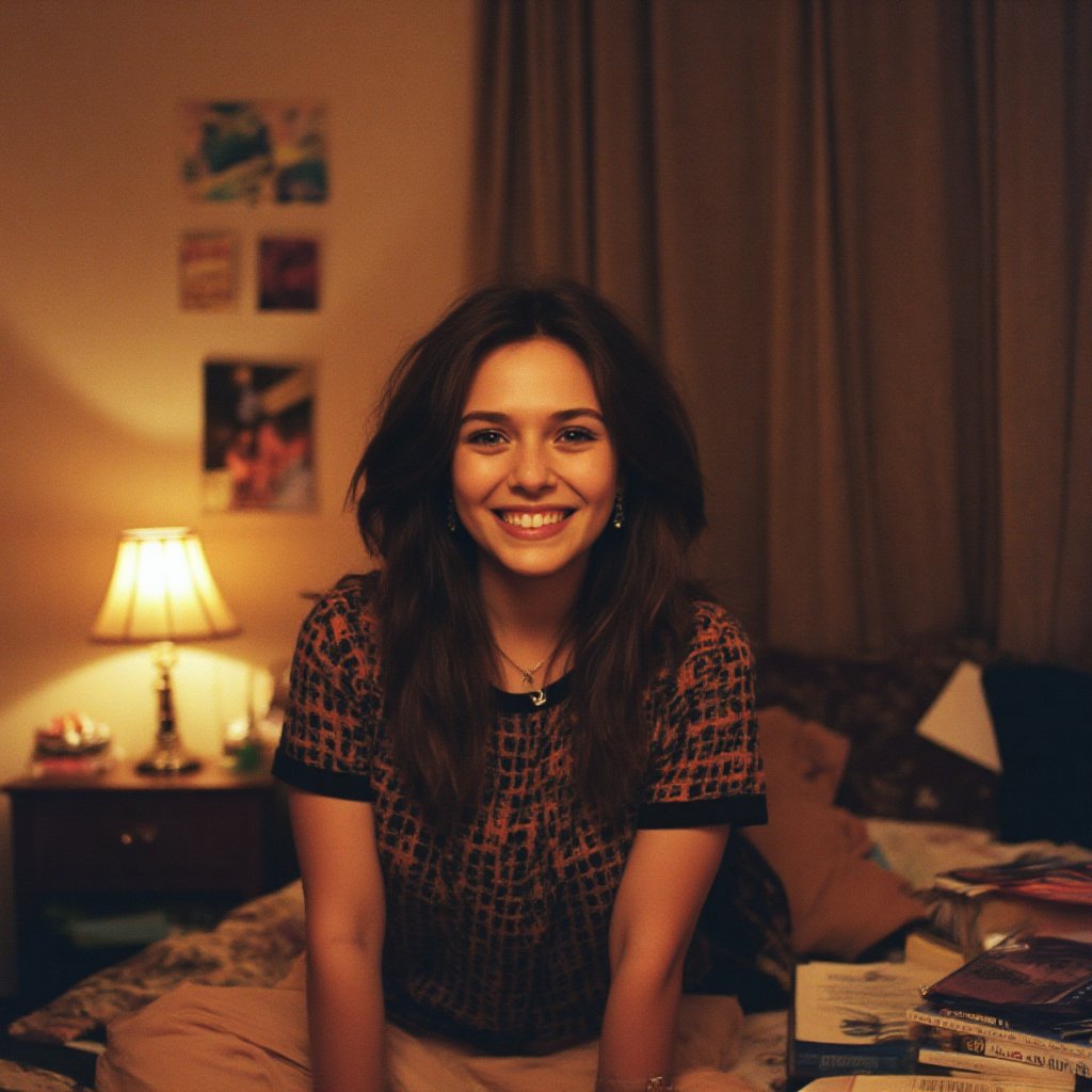 A 1990s-inspired snapshot vintage style photo wish flash of a ANYAJT beaming with a warm, inviting smile directly at the camera. She sits comfortably on her dorm room bed, surrounded by cluttered textbooks and scattered clothes. The soft glow of a table lamp casts a cozy ambiance, illuminating her joyful expression. Her bright eyes sparkle as she connects with the viewer, conveying a sense of authenticity and playfulness.,Retro style,retro and vintage