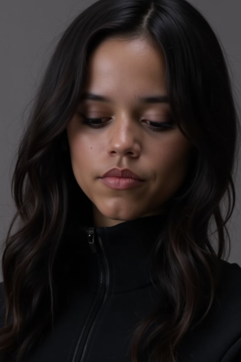 A close-up shot of Jenna Ortega wearing a sleek black fleece top, with a subtle sheen catching the soft lighting. Her hair is styled in loose waves framing her face, and her eyes are cast downward, exuding a sense of contemplation. The background is a blurred gray tone, focusing attention solely on her introspective expression.