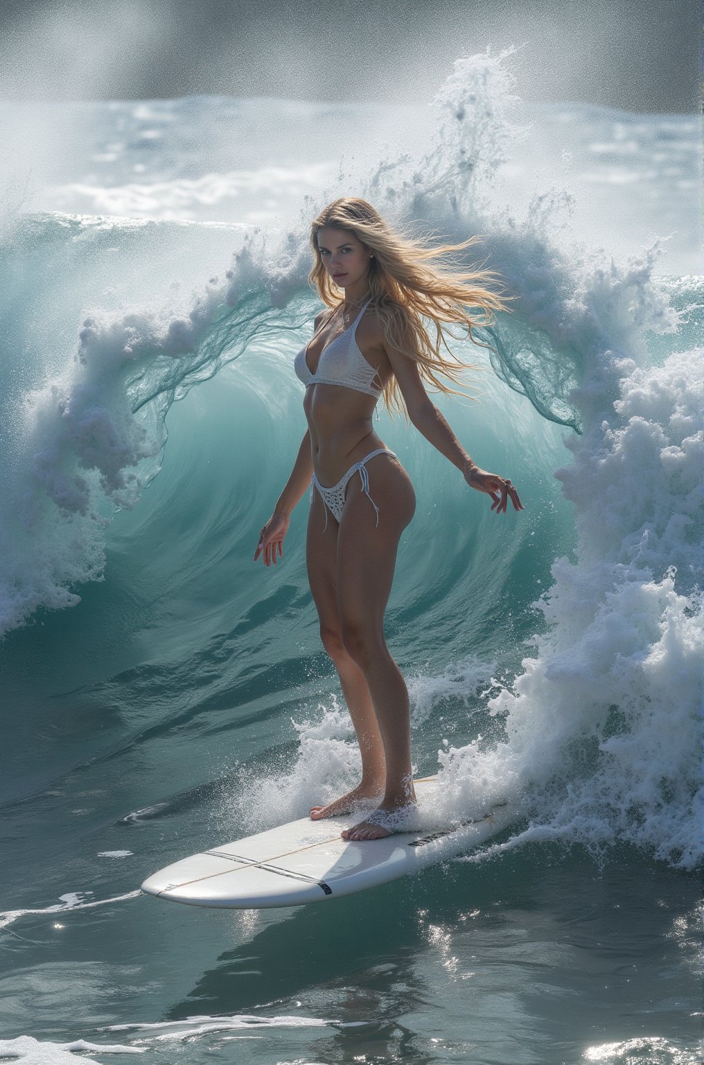 A stunning supermodel,  her flawless physique on full display,  rides the curl of a massive by BChieng on Tensor.Art