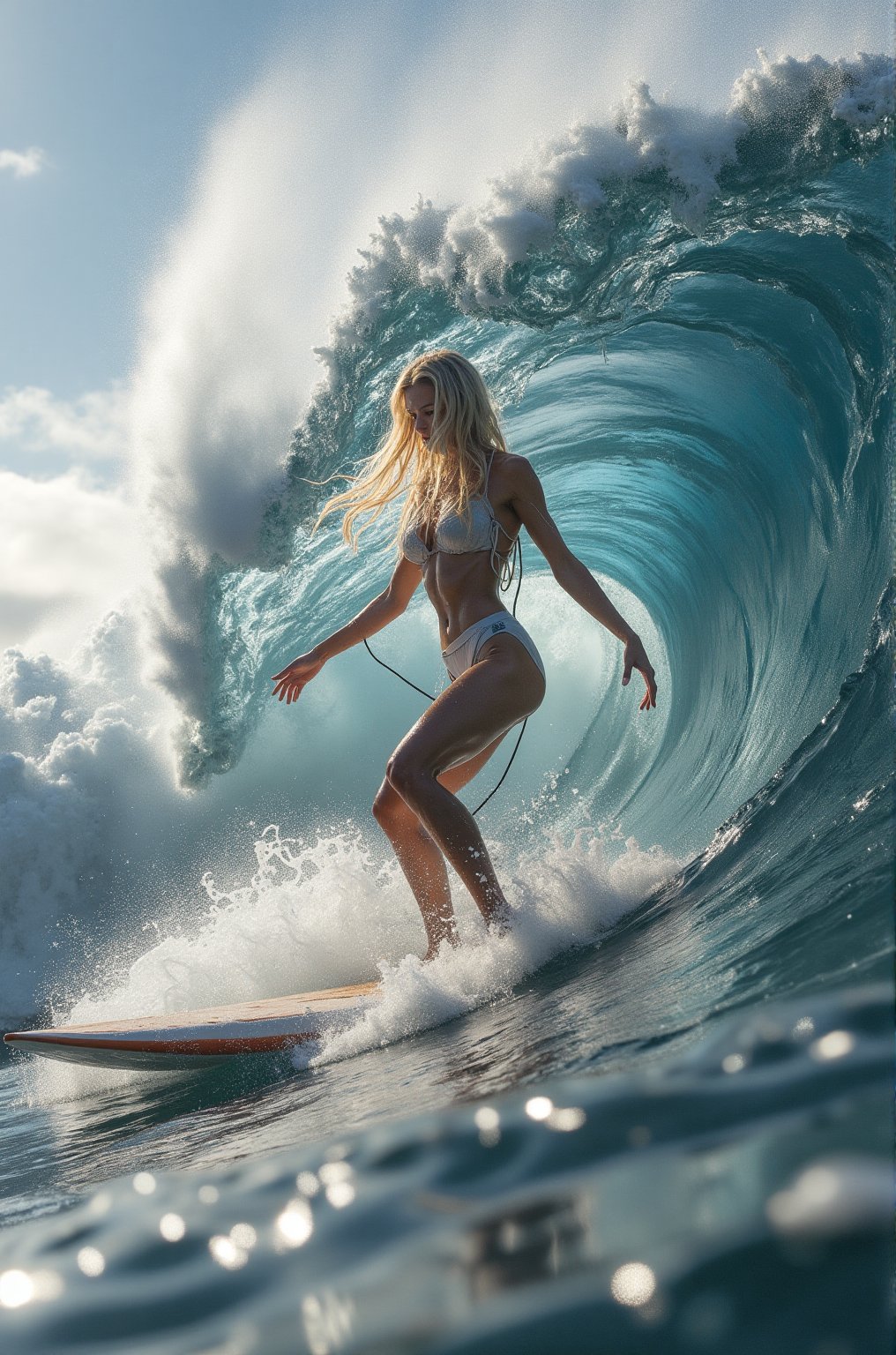 A stunning supermodel,  her flawless physique on full display,  rides the curl of a massive by BChieng on Tensor.Art