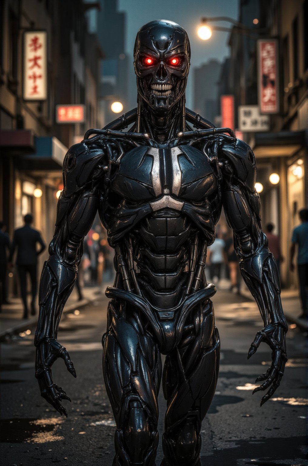 Score_9,  hero movie style. At night,  Venom merges with the Terminator. The Terminator wears classic sunglasses and the r...