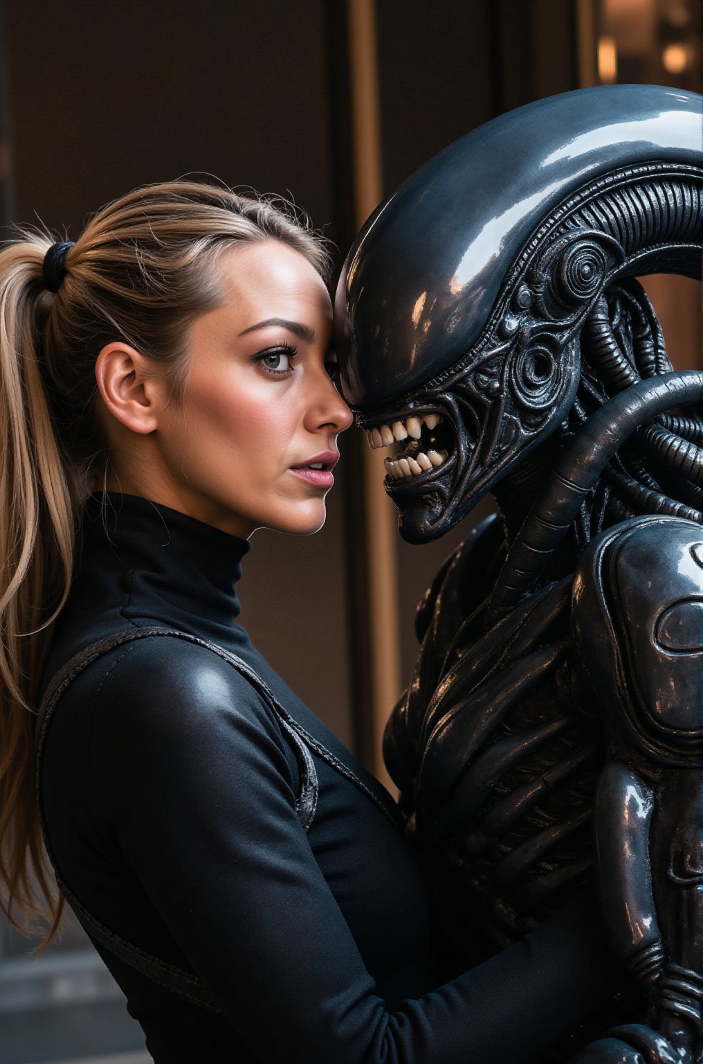 Two persons. Female Blake Lively and Alien xenomorph pose for the camera.,  Blake Lively,  beauty face by BChieng on Tenso...