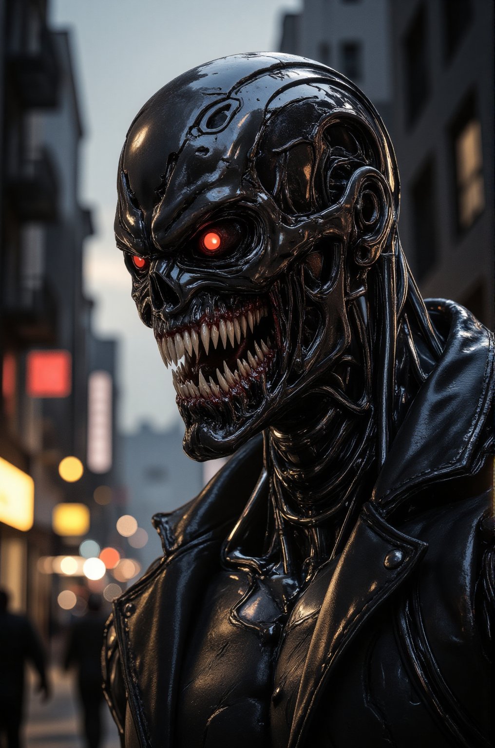Score_9,  hero movie style. At night,  Venom merges with the Terminator. The Terminator wears classic sunglasses and the r...