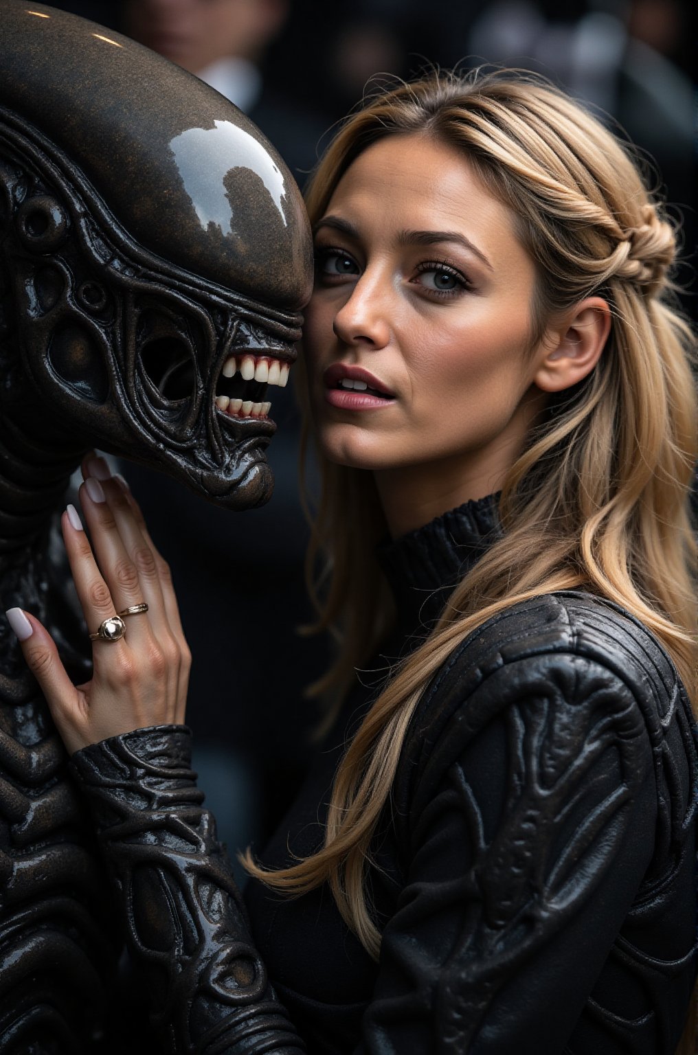 Two persons. Female Blake Lively and Alien xenomorph pose for the camera.,  Blake Lively,  beauty face by BChieng on Tenso...